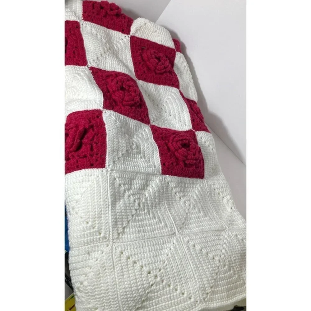 Handmade Crochet Blanket‎ White Red Flowers Square 64 x 64